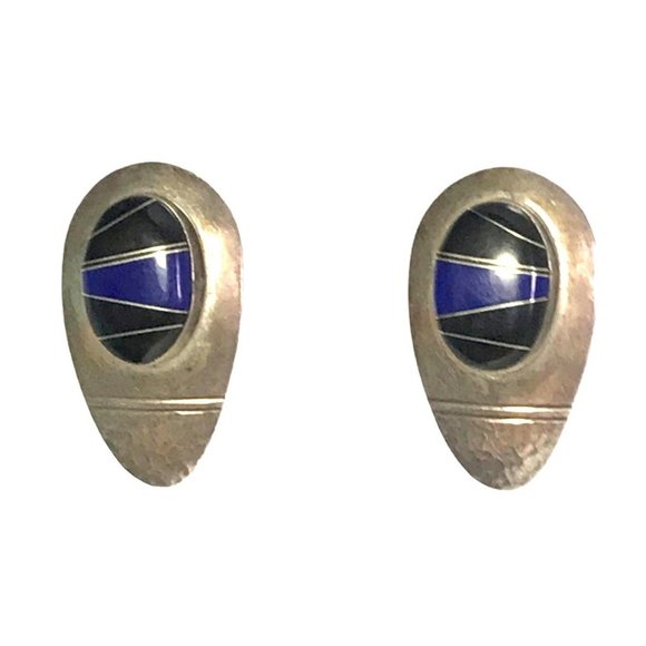 Large Vintage Zuni Sterling Silver Inlay Earrings with Onyx and Lapis Signed FM - Picture 2 of 10